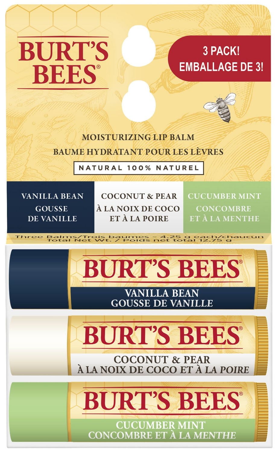 Burt’s Bees® 100% Natural Origin Moisturizing Lip Balm, Assorted Flavours with Fruit Extracts - 3 Pack