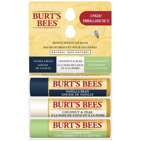 Burt's Bees® Baume Hydratant pour les Lèvres 100 % d'Origine Naturelle, Saveurs Assorties aux Extraits de Fruits - Emballage de 3