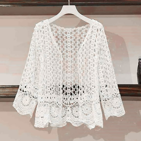 Women's Summer Long Sleeve Cardigan Hollow Out Crochet Knit Floral Cover Up Open Front Scalloped Mesh Beach Coat Sweater Cardigan Women Winter Cardigan plus Size Women Women Button down Cardigan