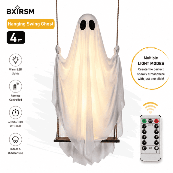 Hanging Swing Ghost 4FT, Light Up Ghost Halloween Decorations Outdoor with Remote & Timer LED, Swinging Ghost on Wood Swing for Tree, Porch, Yard