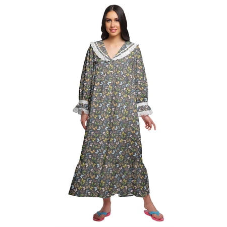 Moomaya Printed Long Sleeve Maxi Nightdress Button Down Cotton Sleepwear Gown