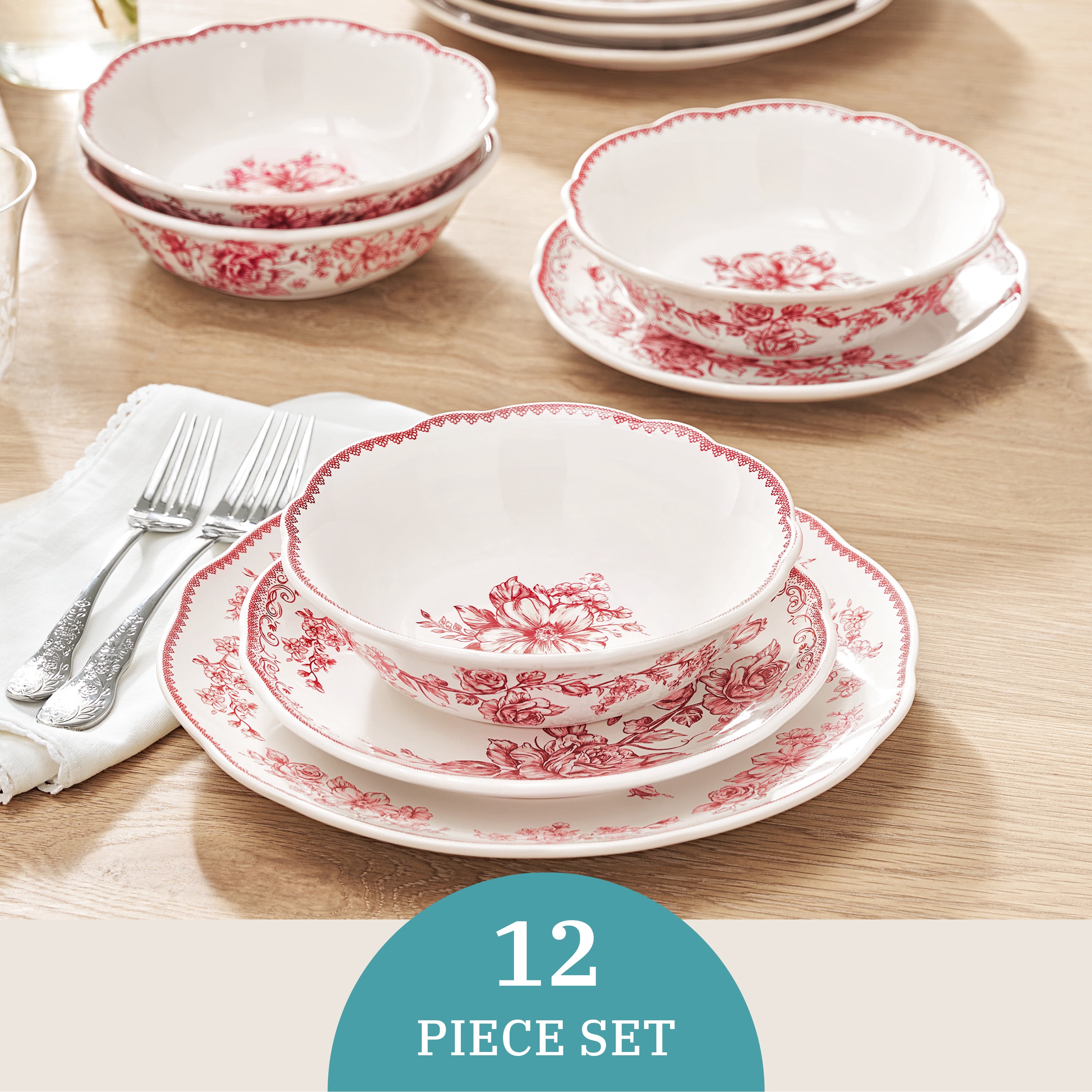The Pioneer Woman Agatha 12-Piece Stoneware Dinnerware Set, Red