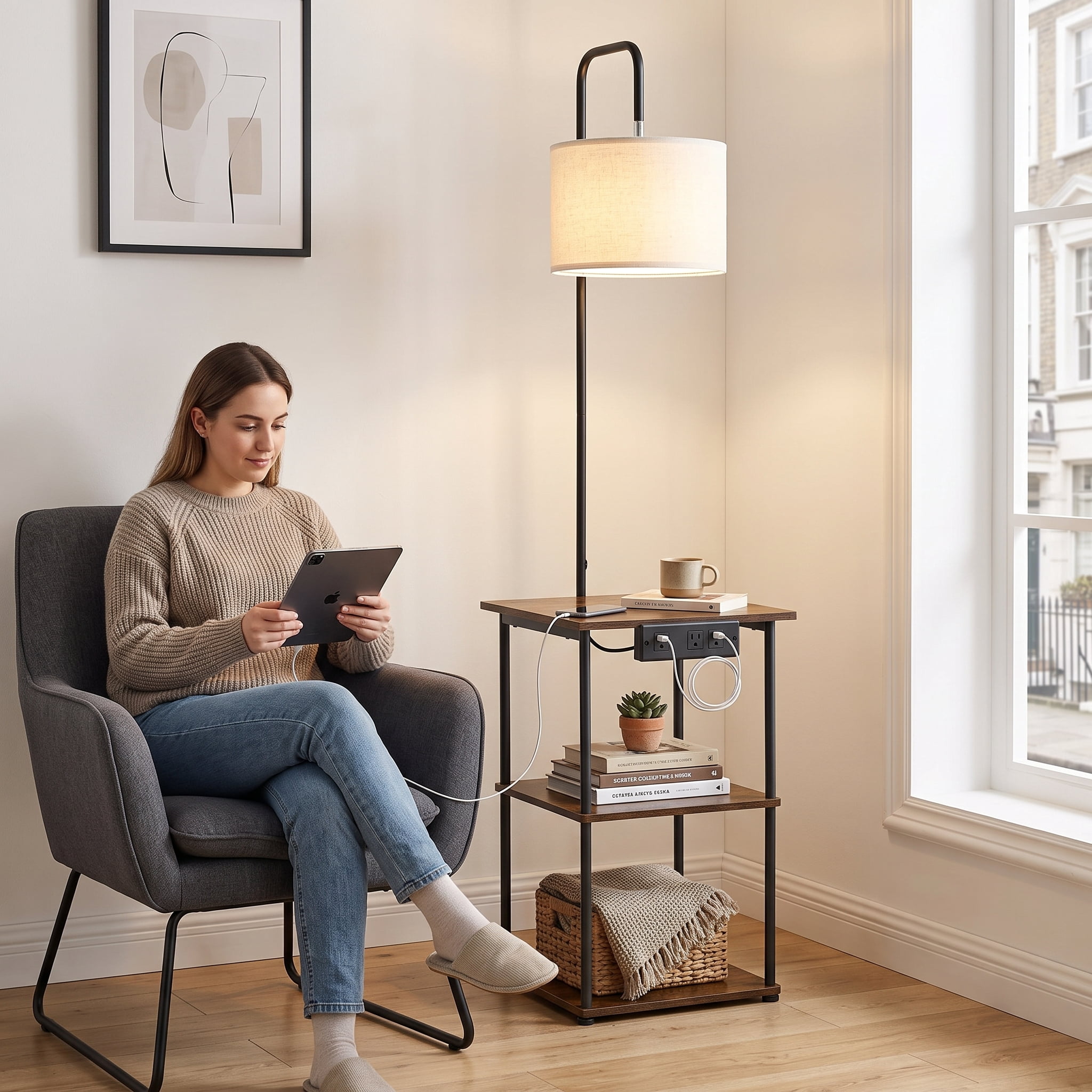 Floor Lamp with Table, Narrow 3-Tier End Table with Open Shelves & 3 Color Temperature Lighting, Side Nightstand Bedside Desk with USB & Type C & AC Charging Port for Living Room, Bedroom, Dorm