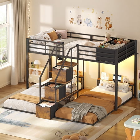 Plonmago Triple Bunk Bed Twin Over Twin with Storage Staircase, RGB Lights & Power Outlets, Heavy Duty Metal Bunk Beds with Drawers & Headboard Shelf, Safety Guardrails, for Bedroom Small Space, Pink