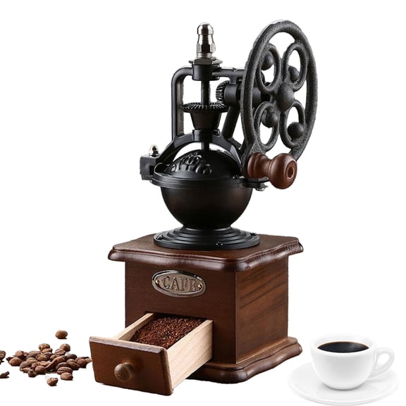Vintage Wooden Manual Coffee Grinder, Hand Crank Burr Coffee Mill for Home, French Press, Espresso & Freshly Ground Beans, Retro Kitchen Decor