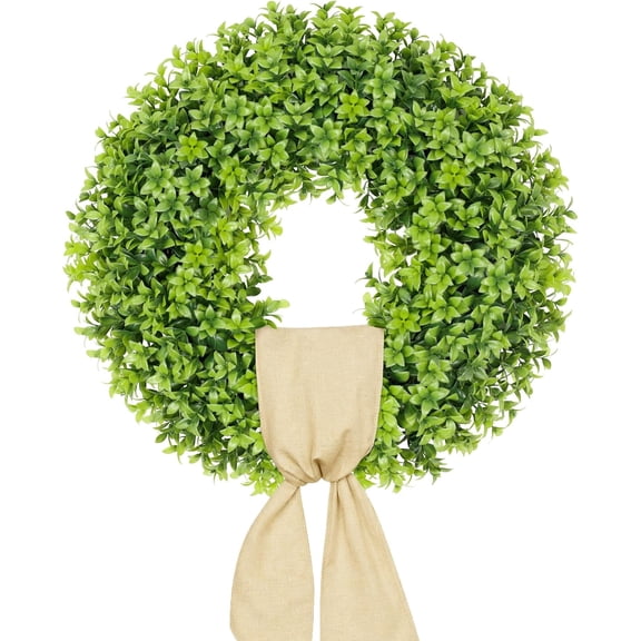 20 Inch Boxwood Wreaths for Front Door, Artificial Spring Wreath for Wall Farmhouse Wedding Porch Green Wreath with Sash Year Round Indoor Outdoor for Summer Farmhouse Wreaths Decorations