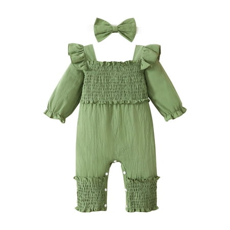 

nsendm Baby Girl Smocked Dresses Girls Long Sleeve Solid Ruffles Romper Floral Romper for Baby Girl Green 12-18 Months