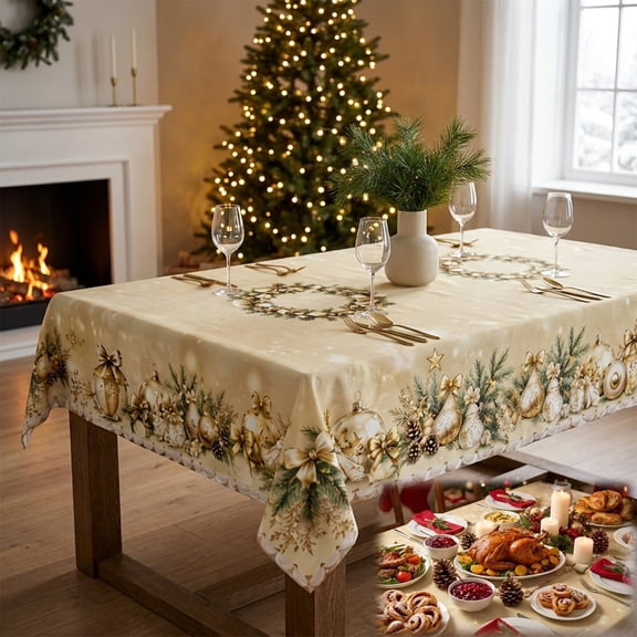 Christmas Decorations,Elegant Christmas Tablecloth 60x84Inch, Christmas Decorations Indoor, Washable Gold Ornament Pinecone Table Cover for Party