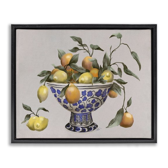 Stupell Industries Traditional Mixed Citrus Fruits Leaves Patterned Pottery Bowl Black Floating Frame Canvas Art, 31 x 25, by Elizabeth Medley