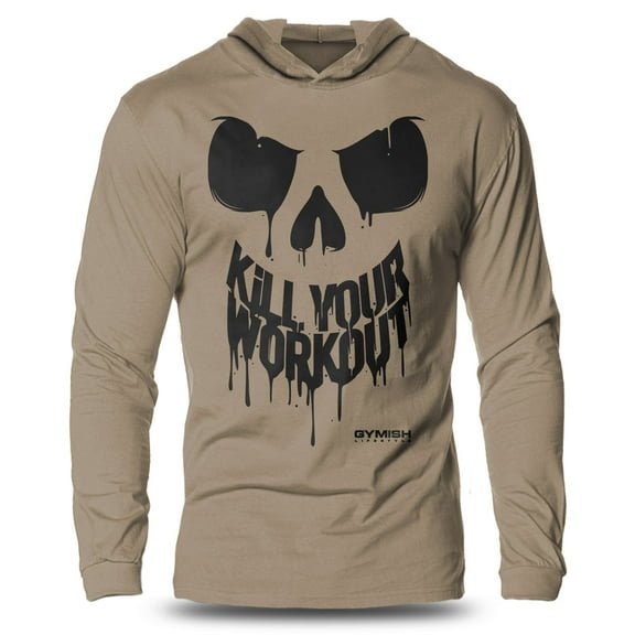 GYMISH Kill Your Workout Lightweight Long Sleeve Hooded T-Shirt for Men – Intense Gym Hoodie, Motivational Fitness Shirt for Lifters