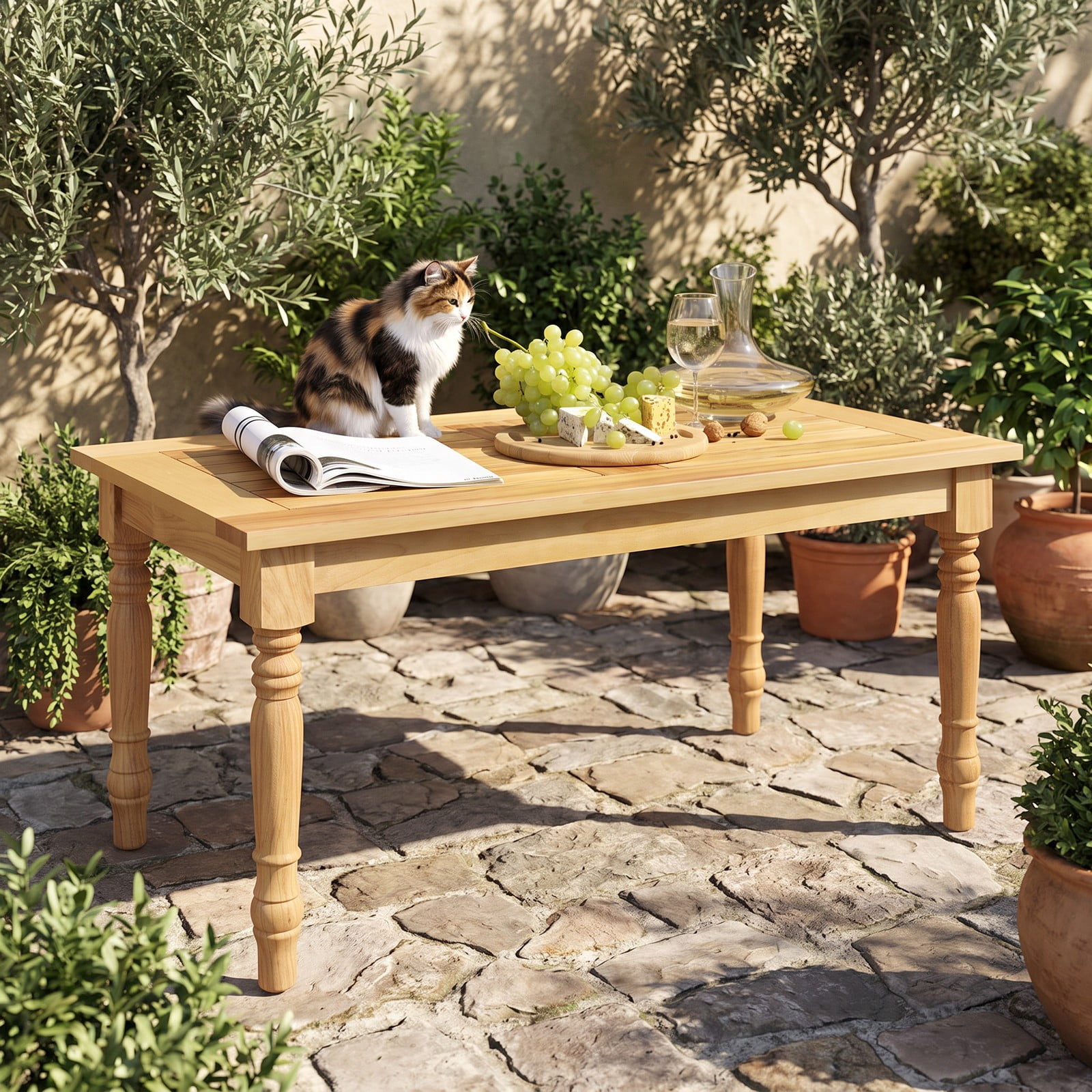 Furnibear 35.5 Inch Rectangle Teak Wood Patio Coffee Table with Slatted Top and Turned Legs for Living Room and Backyard, Natural