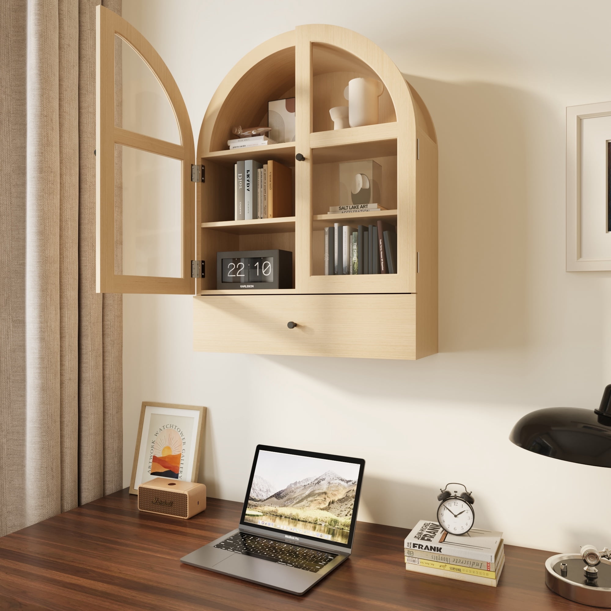 Bathroom Arched Wall Cabinet Over The Toilet Storage Cabinet, Bathroom Cabinet Wall Mount with Glass Doors, Wood Cabinet for Laundry Room, Bedroom Kitchen, Natural