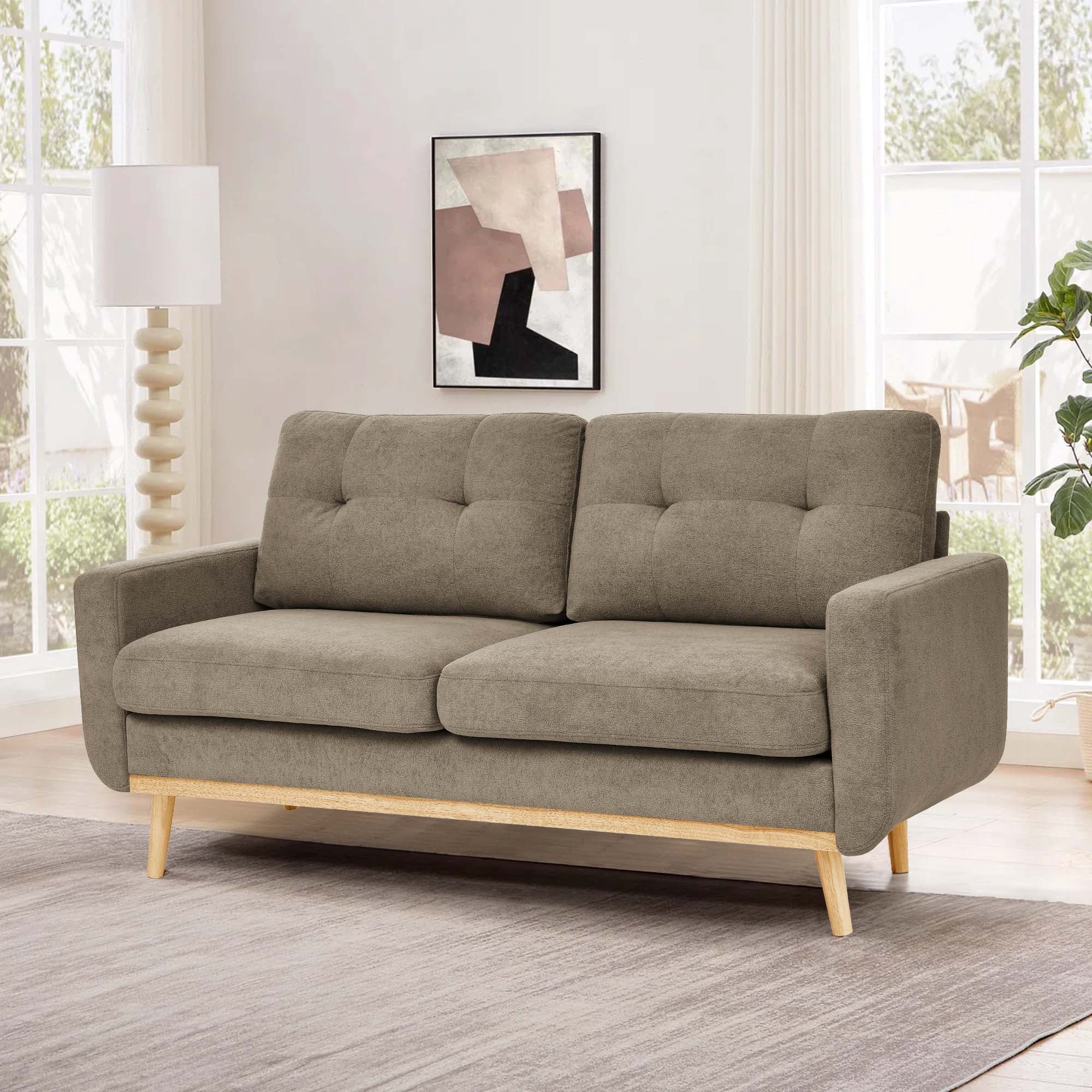 Timbernest 67.7" Loveseat Sofa, Mid-Century Loveseat Couch with Wooden Legs, Khaki Tufted Upholstery