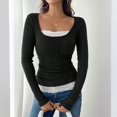 thumbnail image 6 of CIENVNSTG Women Lace Patchwork Ribbed Knit Tee Scoop Neck Casual Slim Fit Long Sleeve Crewneck Button Up Ruched Crop T-Shirts Black L, 6 of 7