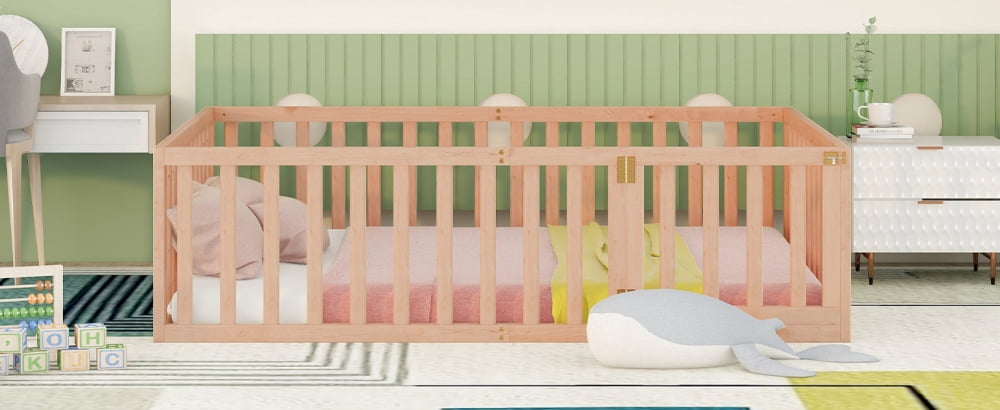 Full Size Floor Bed Frame for Kids, Solid Wood Montessori Bed Frame with Fence Rail and Door, Montessori Floor Bed Wood Full Bed Frame for Boys and Girls, Natural