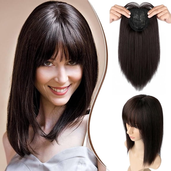 14" Hair Topper with Bangs Clip in Top Extensions 200% Density Silk Base Top Hairpieces Straight Crown Wiglet for Thinning  Hair Women