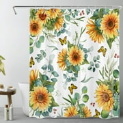 HVEST Yellow Sunflower Shower Curtain for Bathroom,Vintage Butterfly and Eucalyptus Leaf Green Plant Floral Fabric Shower Curtain with Hooks,Spring Farmhouse Bathroom Curtains Shower Set,60x72 inches