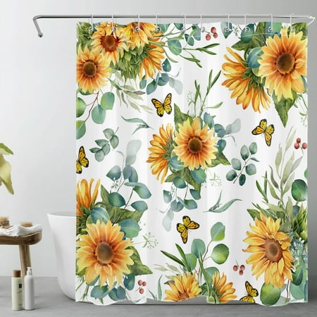 HVEST Yellow Sunflower Shower Curtain for Bathroom,Vintage Butterfly and Eucalyptus Leaf Green Plant Floral Fabric Shower Curtain with Hooks,Spring Farmhouse Bathroom Curtains Shower Set,60x72 inches