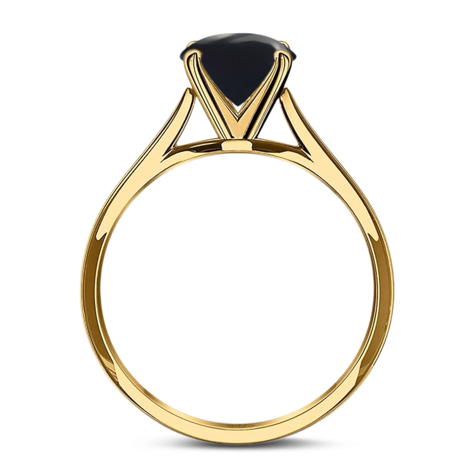 Natural Black Onyx Yellow Tone Silver Size-8 Minimalist Oval Cathedral Solitaire Ring Wedding Engagement Rings For Women 925 Sterling Silver Gifts For Her