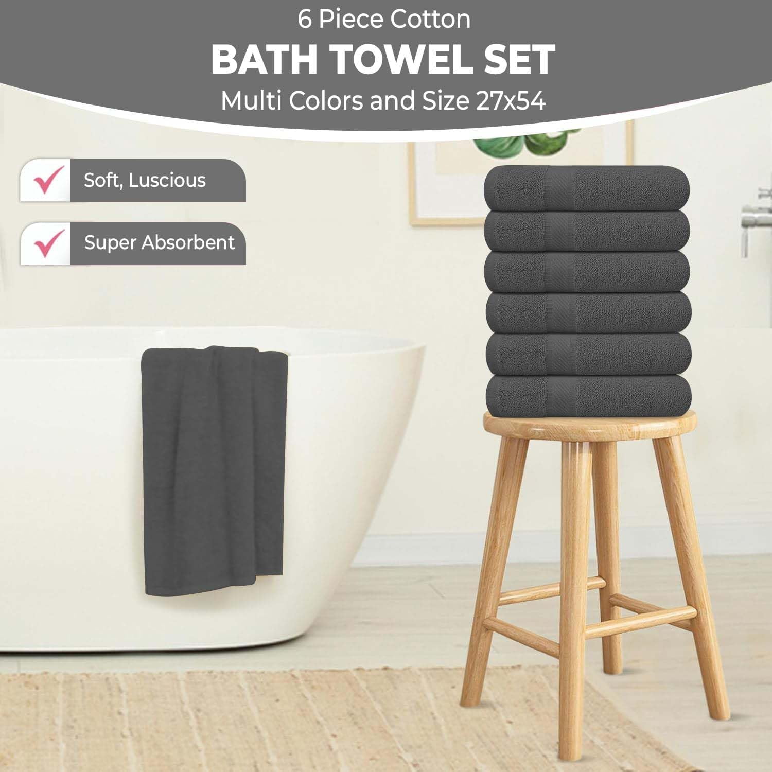 Pack of 6 Bath Towels 27 x 54 Inches, 100% Cotton, Larger & Lighter Weight, Quicker to Dry, Super Soft and Absorbent, Perfect for Bathroom (Multicolor, Pack of 6 (27''x54''))