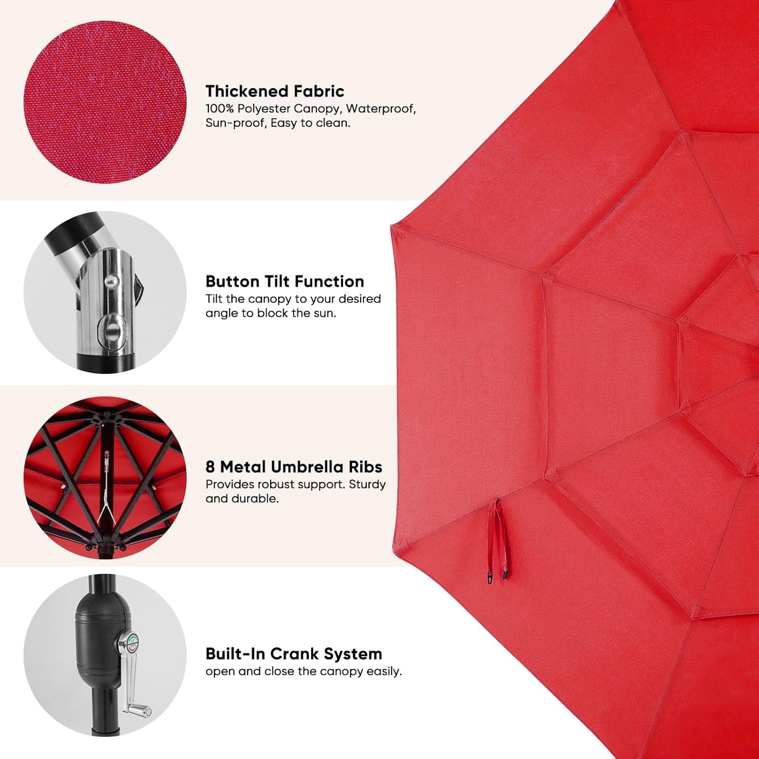 9.2' Outdoor Patio Umbrella with LED Lights, Umbrella with 8 Sturdy Ribs for Outdoor Table, Yard, Market, Push Button Tilt and Crank, Red