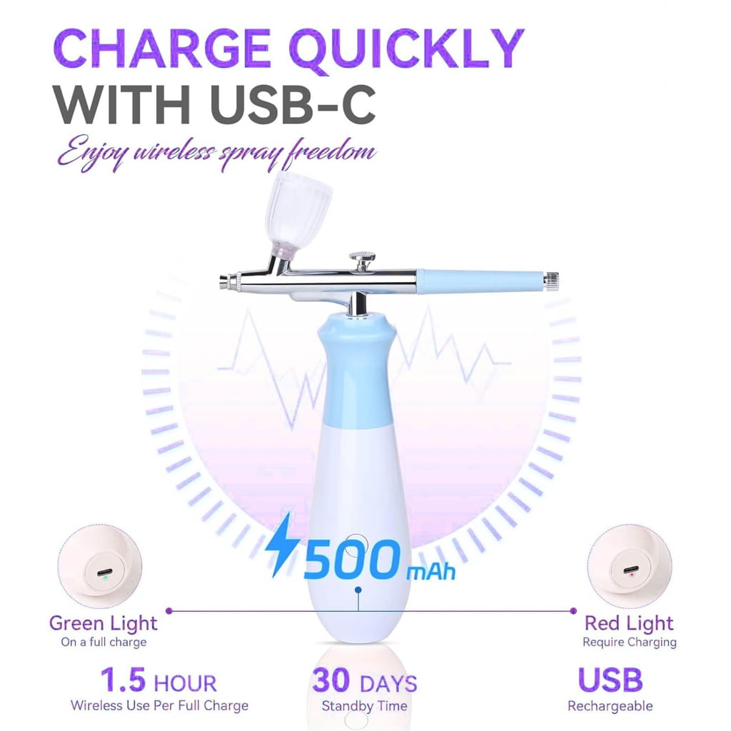 Zeiwohndc Professional Nail Airbrush Sprayer 0.3mm Nozzle 3 Pressure Setting USB C