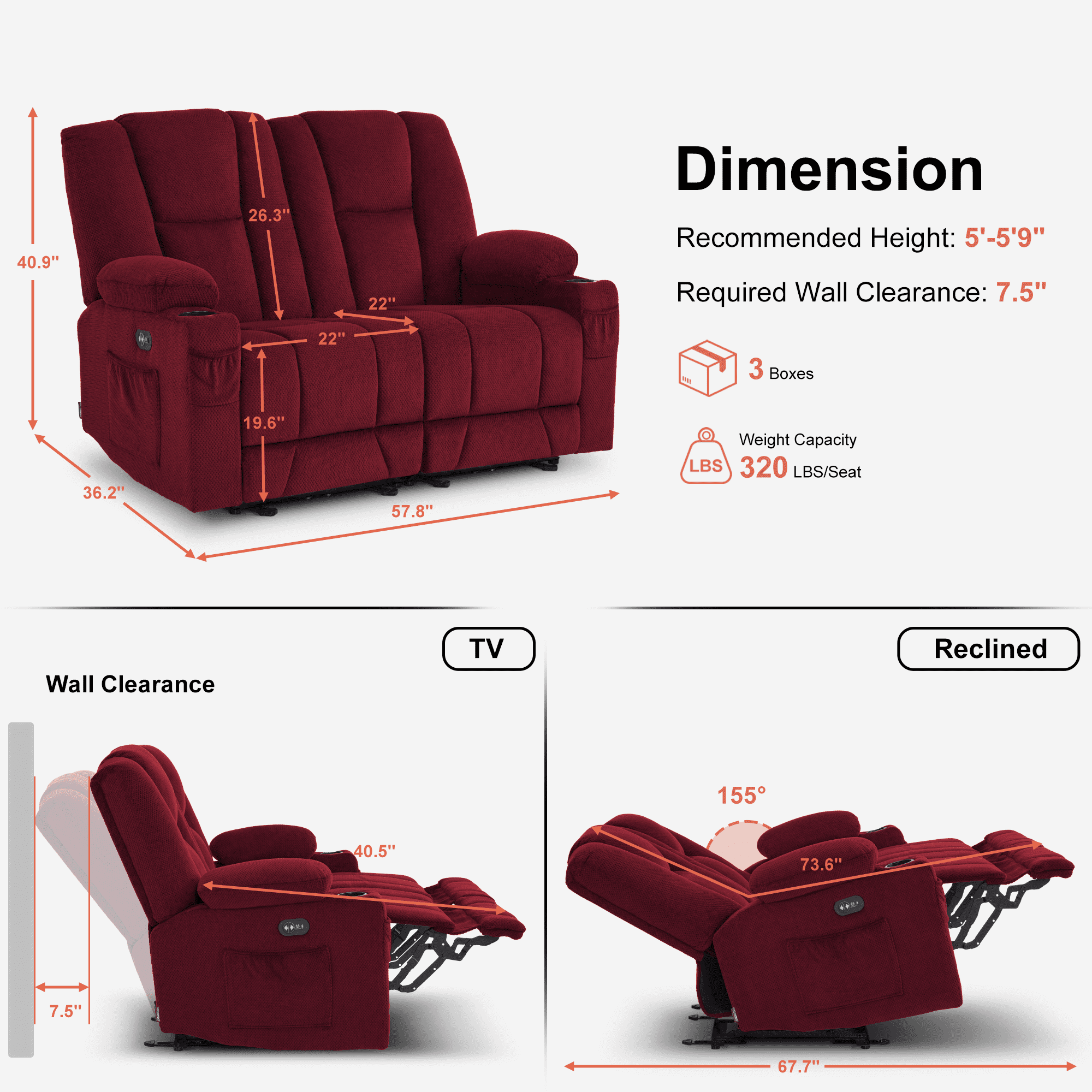 MCombo Power Loveseat Recliner w/ Massage USB Port for Living Room Burgundy Fabric 6025