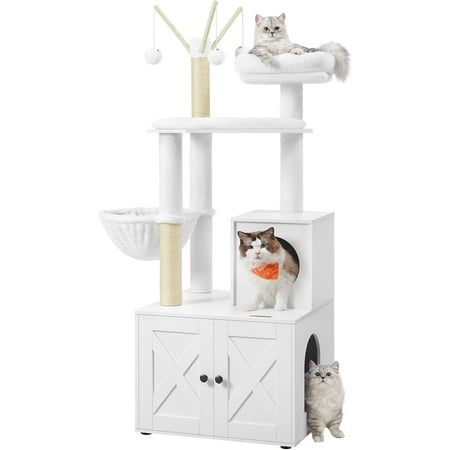 Favory Cat Tree with Litter Box Enclosure 59-Inch Modern Cat Tower 2-in-1 Condo with Scratching Posts Washable Removable Cushion Cloud White UPCT113W01