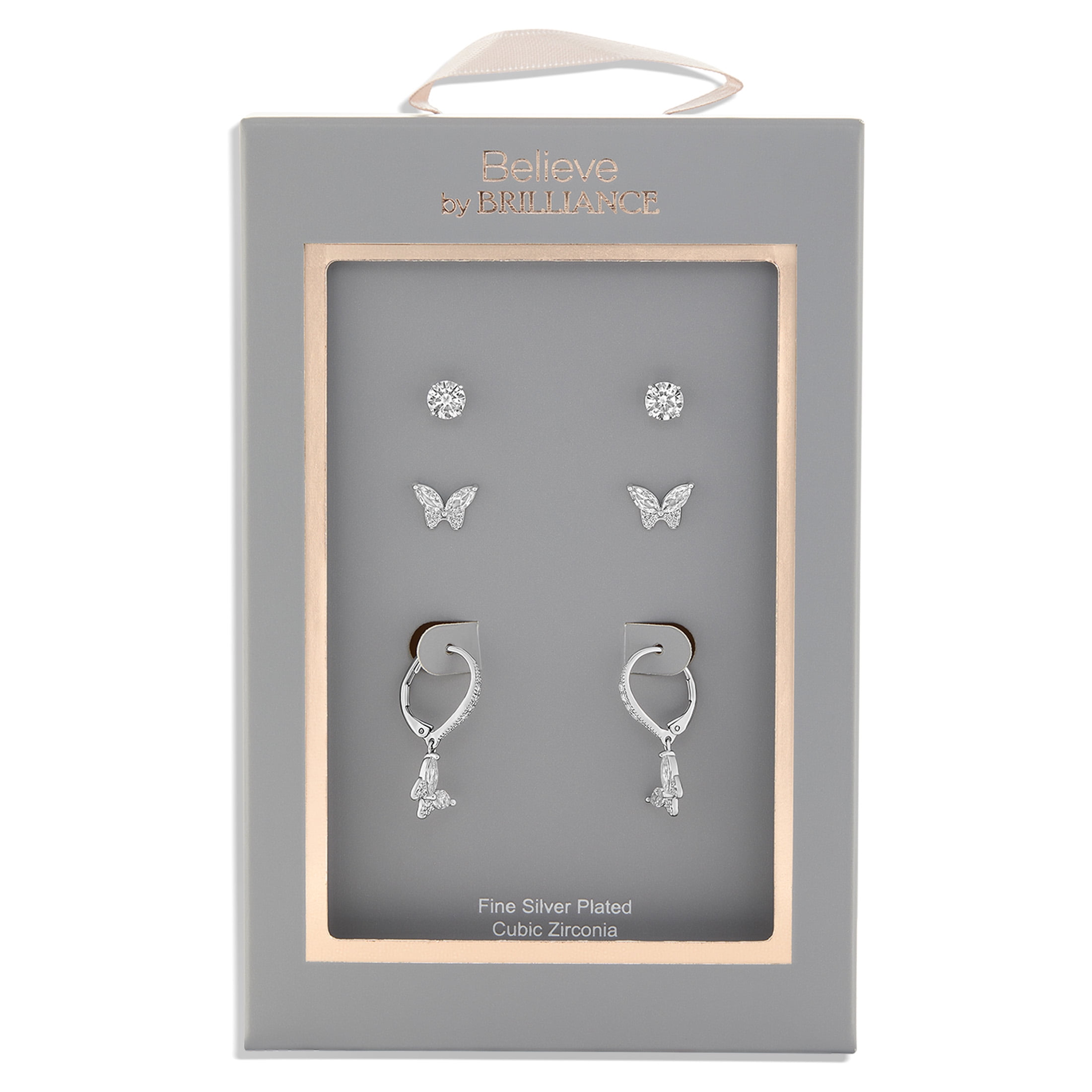 Believe by Brilliance Women's Fine Silver Plated CZ Round and Butterfly Earring Trio Set