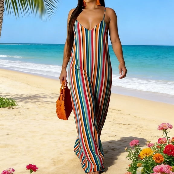 QUNYINEY Casual Women's Sundresses Long Sleeveless Striped Flowy Slip Dress Casual Loose Fit with Pockets V Neck Vacation Dresses