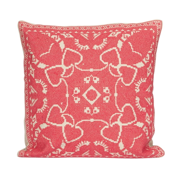 Creative Co-Op Cotton Pillow with Embroidered Design and Chambray Back, Pink and Natural