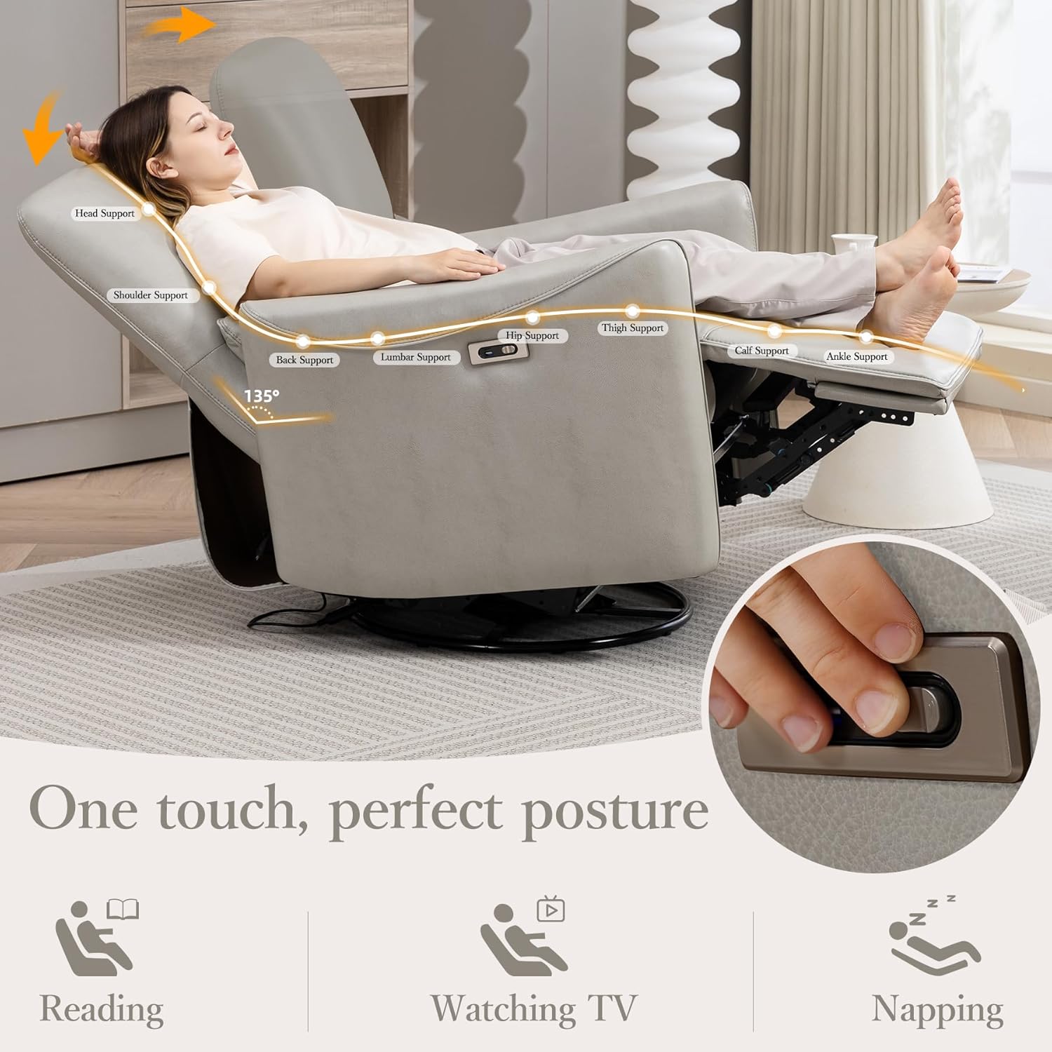 Power Swivel Recliner Chair, Faux Leather Glider Electric Rocking Chair for Adults. Nursery Rocker Single Sofa Chair with Lumbar Support for Living Room. Dual-Port Charging: Type-C&USB, Grey