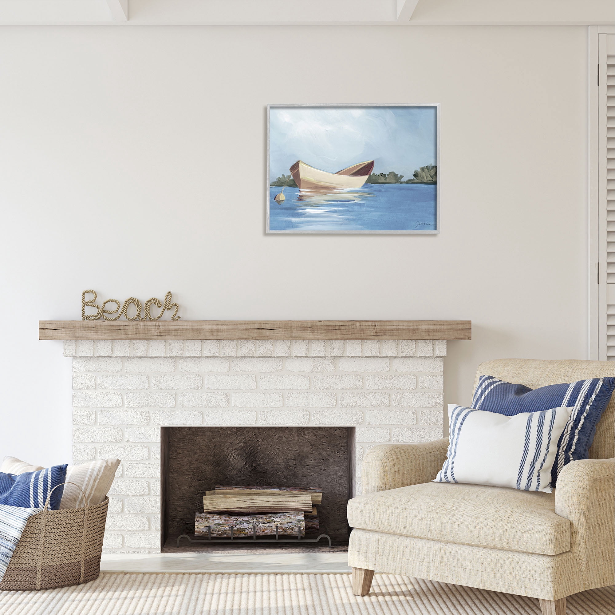Stupell Industries Boat Floating on Lake Transportation Painting Gray Framed Art Print Wall Art, 30 x 24