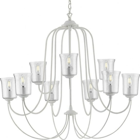 Progress Lighting, Bowman Collection, 9-Light Chandelier, Cottage White, Clear Glass Shades