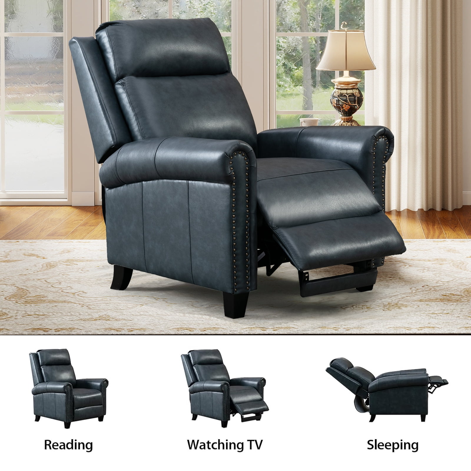 Bonzy Home Genuine leather Recliner Push Back Recline Chair with Classic and Traditional Armrests inlaid with Vintage Rivets, Navy, Set of 2