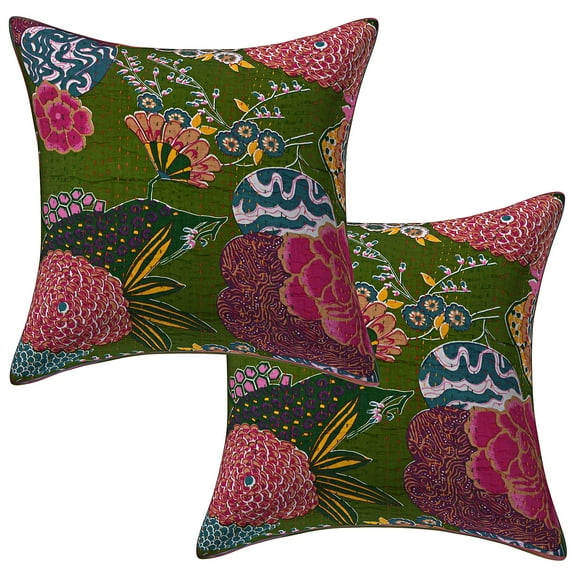 Stylo Culture Ethnic Settee Sofa Throw Pillow Covers 16x16 Kantha Dark Olive Green Printed 40 x 40 cm Home Decor Cotton Tropicana Square Cushion Covers | Set Of 2