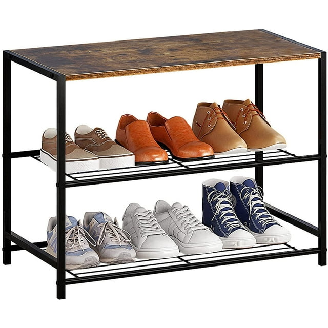 JEROAL 3 Tier Shoe Rack, Entryway Shoe Shelf and Shoe Stand, Shoe Storage Organizer with Wood Surface for Bag, Rustic Brown