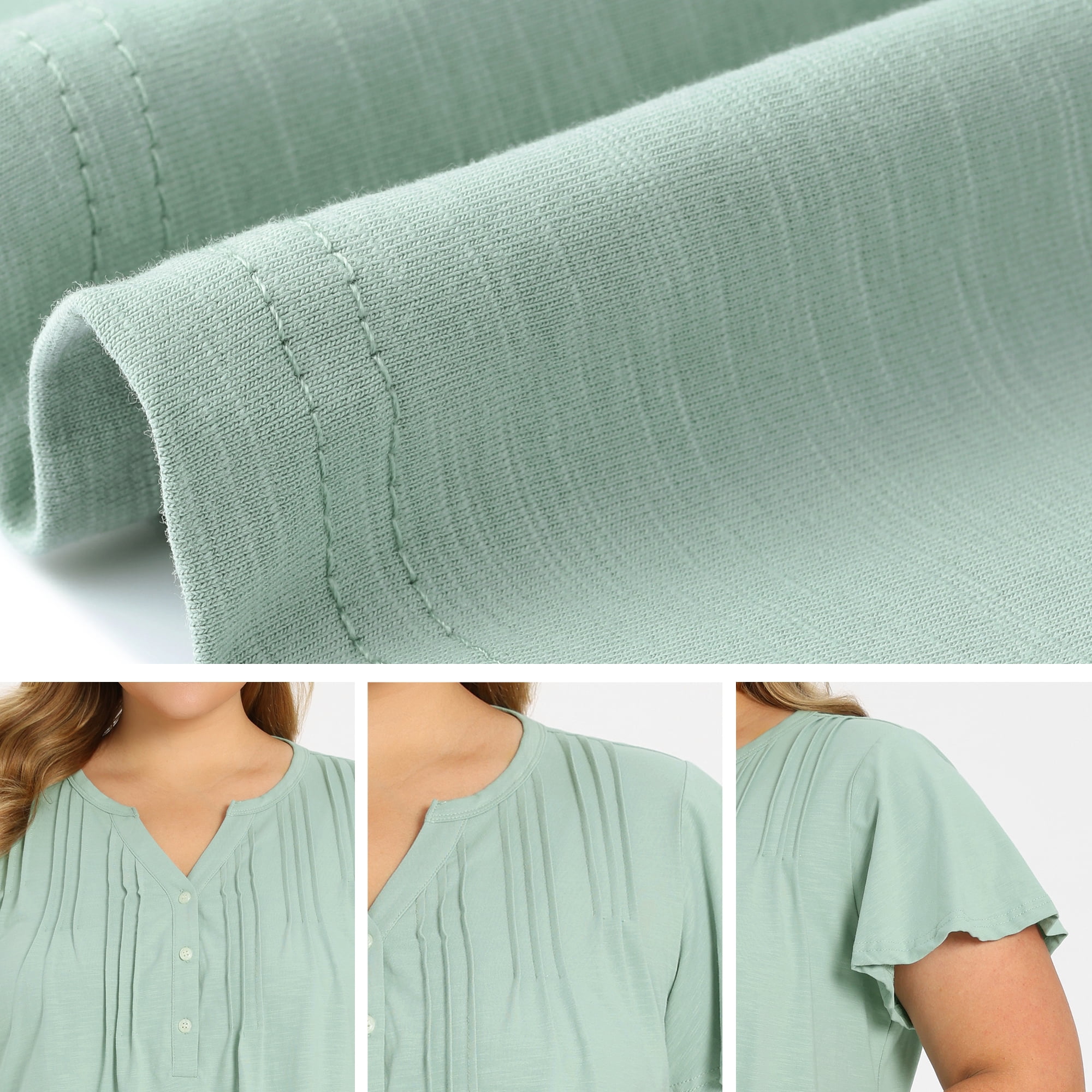 Women's Plus Women's Work Tops Button Notch Neck Ruffle Sleeve Casual Blouse 1X Green