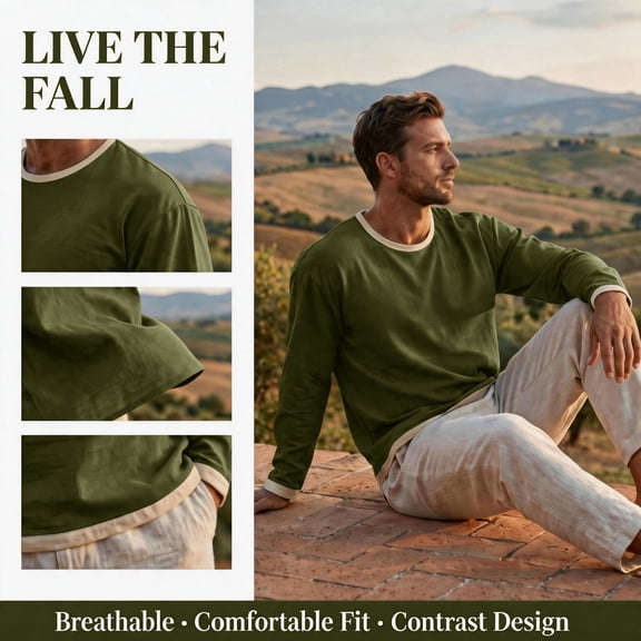 CCRFTGI Mens t-shirts Big and Tall Long Sleeve Crew Neck Pullover Shirts Lightweight Casual Basic Army Green L