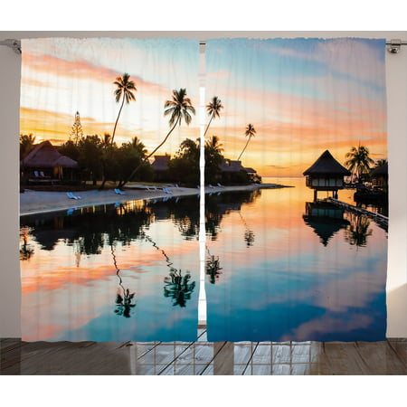 Tropical Decor Curtains 2 Panels Set, Tropical Sunset At Moorea French Polynesia Reflection Resort Scenic Waterscape, Living Room Bedroom Accessories, Gift Ideas, By Ambesonne