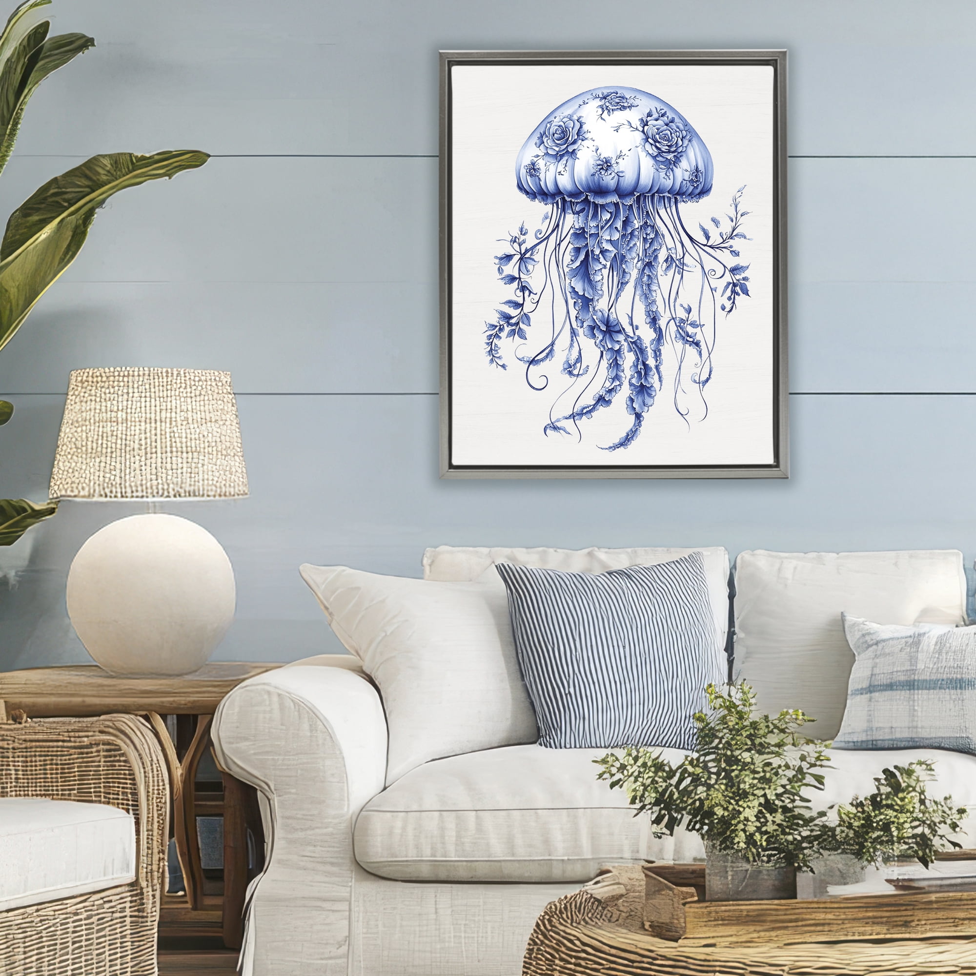Funky Toile Jellyfish Gray Framed Floater Canvas Wall Art, design by Lettered and Lined