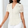 thumbnail image 1 of Xuyuer Women's Lace Patchwork Short Sleeve Blouse, Button V-Neck Casual Fashion Top Solid Color Shirt, 1 of 5