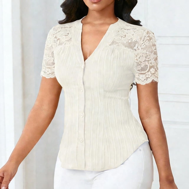 Xuyuer Women's Lace Patchwork Short Sleeve Blouse, Button V-Neck Casual Fashion Top Solid Color Shirt