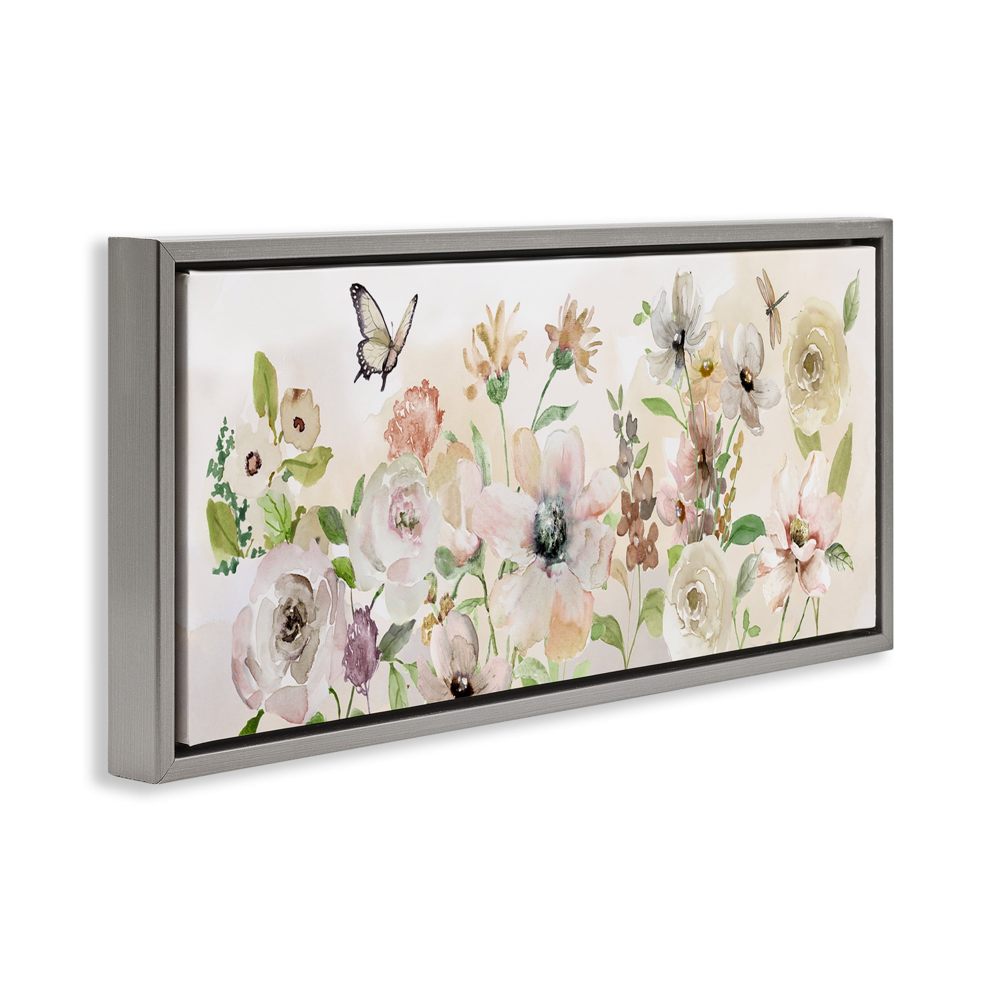 Stupell Industries Fluttering Insects & Florals Plants & Flowers Painting Gray Floater Framed Canvas Art Print Wall Art, 31 x 14