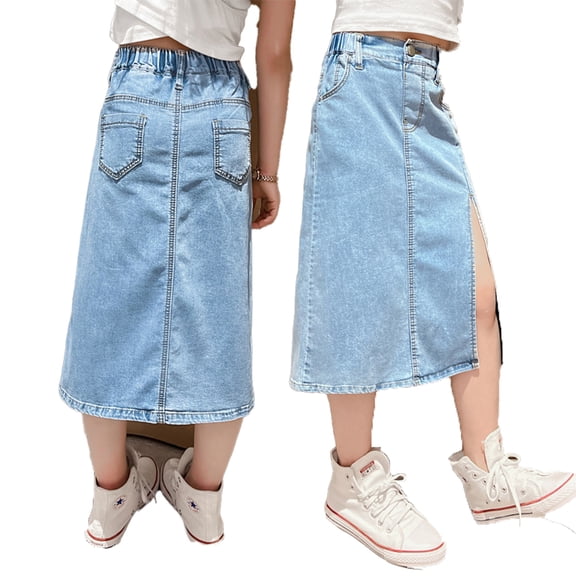 LYMAYTER 5-14Y ‌‌Young Women Girls Denim Skirt Summer Mid-Length Stretch Waist High-Slit‌