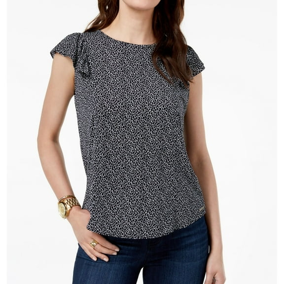 Michael Kors Womens Ruffle-Sleeve Pullover Blouse, Black, Petite, PL