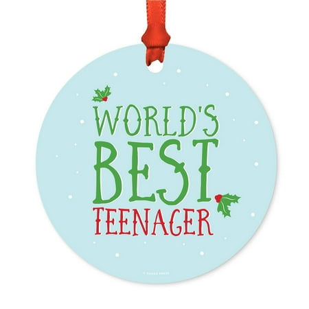 Funny Metal Christmas Ornament, World's Best Teenager, Holiday Mistletoe, Includes Ribbon and Gift