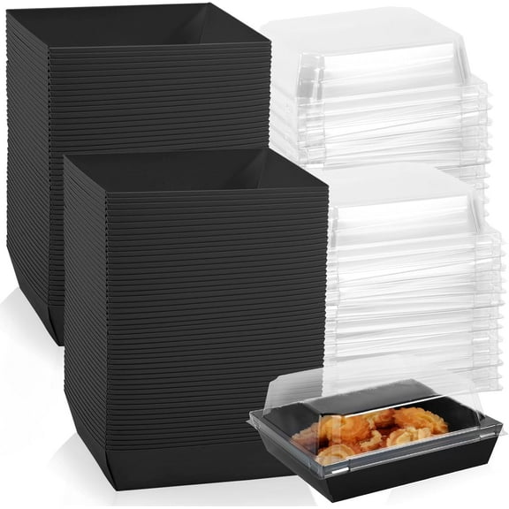 100 Pack Charcuterie Boxes with Clear Lids,Disposable To Go Paper Food Containers,Square Disposable Charcuterie Boxes for Sandwich Cake Slice Cookies Strawberries,Black