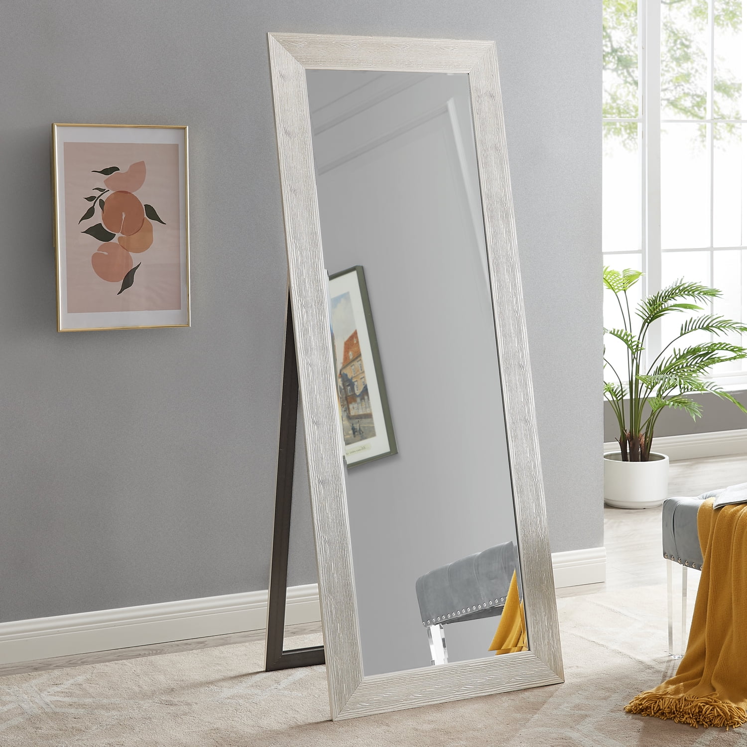 Natural Full Body Mirror with Stand Wooden Framed Floor Length Mirror Stand  Up Full Length Mirror with Stand Mirror