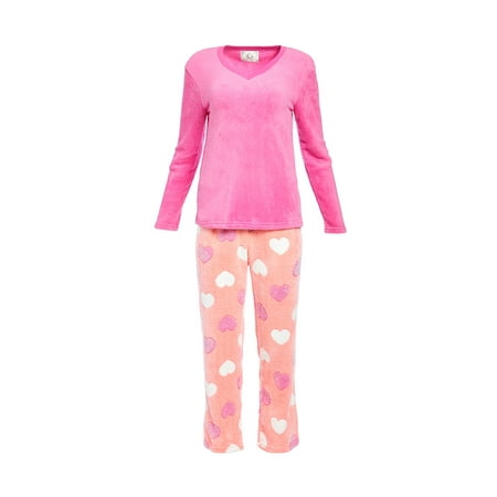 PJ Couture Pink Heart Plush Pajama 2-Piece Set Long Sleeve Pants (Juniors)